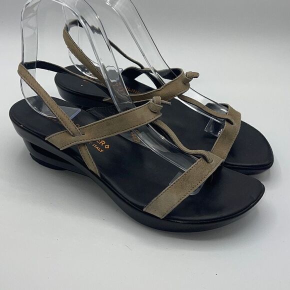 Donald J. Pliner Women Wedge Sandals Suede Stretchy Strap Taupe Heels Size 7.5 - Picture 2 of 15